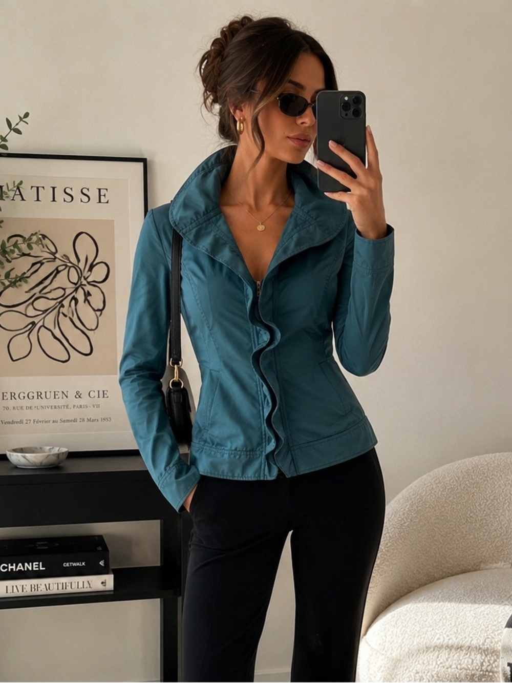 Lafayette 148 New York Teal Blue Ruffle Full Zip Top Popped Collar 2 XS Small